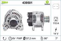 VALEO 439501 - Código de motor: BMN<br>Código de motor: CEGA<br>Restricción de fabricante: VALEO<br>Tensión [V]: 14<br>Corriente de carga alternador [A]: 110<br>Tipo de sujeción: Fijación de cuatro puntos<br>Posición/Grado: R  90<br>Sentido de giro: Sentido de giro a la derecha (horario)<br>Poleas: con polea<br>Poleas: con polea para correa poli V<br>Número de nervaduras: 6<br>poleas - Ø [mm]: 57<br>Conexión / terminal/borne: sin conexión para cuentarrevoluciones<br>Pinza: B+<br>Peso [kg]: 5,8<br>