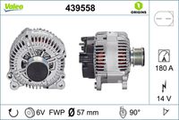 VALEO 439558 - Tensión [V]: 14<br>Corriente de carga alternador [A]: 180<br>Tipo de sujeción: Fijación de cuatro puntos<br>Posición/Grado: R  90<br>Sentido de giro: Sentido de giro a la derecha (horario)<br>Poleas: con polea<br>Poleas: con polea de rueda libre<br>Número de nervaduras: 6<br>poleas - Ø [mm]: 57<br>Conexión / terminal/borne: sin conexión para cuentarrevoluciones<br>Pinza: B+<br>Peso [kg]: 8,038<br>