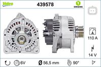 VALEO 439578 - Restricción de fabricante: VALEO<br>Tensión [V]: 14<br>Corriente de carga alternador [A]: 110<br>Tipo de sujeción: Fijación de cuatro puntos<br>Posición/Grado: R  90<br>Sentido de giro: Sentido de giro a la derecha (horario)<br>Poleas: con polea<br>Poleas: con polea para correa poli V<br>Número de nervaduras: 6<br>poleas - Ø [mm]: 57<br>Conexión / terminal/borne: sin conexión para cuentarrevoluciones<br>Pinza: B+<br>Peso [kg]: 6,27<br>