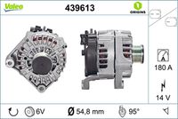 VALEO 439613 - año construcción desde: 06/2012<br>Clase de caja de cambios: Caja automática, 8 marchas<br>Clase de caja de cambios: Caja de cambios manual, 6 marchas<br>Tensión [V]: 14<br>Corriente de carga alternador [A]: 180<br>Tipo de sujeción: Fijación de tres puntos<br>Posición/Grado: L  95<br>Sentido de giro: Sentido de giro a la derecha (horario)<br>Poleas: con polea<br>Poleas: con polea de rueda libre<br>Número de nervaduras: 6<br>poleas - Ø [mm]: 55<br>Conexión / terminal/borne: sin conexión para cuentarrevoluciones<br>Pinza: B+<br>Peso [kg]: 7,58<br>