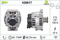 VALEO 439617 - Restricción de fabricante: MITSUBISHI VALEO<br>Tensión [V]: 14<br>Corriente de carga alternador [A]: 120<br>Tipo de sujeción: sujeción directa<br>Sentido de giro: Sentido de giro a la derecha (horario)<br>Poleas: con polea<br>Poleas: con polea de rueda libre<br>Número de nervaduras: 6<br>poleas - Ø [mm]: 51<br>Conexión / terminal/borne: sin conexión para cuentarrevoluciones<br>Pinza: B+<br>Peso [kg]: 6,41<br>