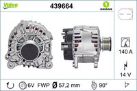 VALEO 439664 - Código de motor: BMN<br>Código de motor: CEGA<br>Restricción de fabricante: VALEO<br>Tensión [V]: 14<br>Corriente de carga alternador [A]: 110<br>Tipo de sujeción: Fijación de cuatro puntos<br>Posición/Grado: R  90<br>Sentido de giro: Sentido de giro a la derecha (horario)<br>Poleas: con polea<br>Poleas: con polea de rueda libre<br>Número de nervaduras: 6<br>poleas - Ø [mm]: 51<br>Conexión / terminal/borne: sin conexión para cuentarrevoluciones<br>Pinza: B+<br>Peso [kg]: 6,04<br>