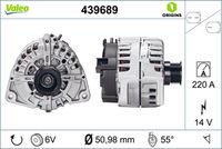 VALEO 439689 - Corriente de carga alternador [A]: 180<br>Tensión [V]: 12<br>Número de canales: 6<br>Cantidad de agujeros de fijación: 4<br>Versión: ARMAN<br>Pinza: B+ M8<br>poleas - Ø [mm]: 50<br>Calidad: OE EQUIVALENT<br>