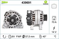 VALEO 439691 - año construcción desde: 09/2000<br>año construcción hasta: 07/2005<br>Clase de caja de cambios: Caja de cambios manual, 5 marchas<br>Tensión [V]: 14<br>Corriente de carga alternador [A]: 125<br>Tipo de sujeción: Fijación de cuatro puntos<br>Posición/Grado: L  40<br>Sentido de giro: Sentido de giro a la derecha (horario)<br>Poleas: con polea<br>Poleas: con polea para correa poli V<br>Número de nervaduras: 6<br>poleas - Ø [mm]: 58<br>Conexión / terminal/borne: sin conexión para cuentarrevoluciones<br>Pinza: B+<br>Peso [kg]: 6,2<br>