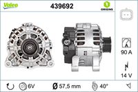 VALEO 439692 - año construcción desde: 09/2000<br>año construcción hasta: 07/2005<br>Clase de caja de cambios: Caja de cambios manual, 5 marchas<br>Equipamiento de vehículo: para vehículos sin aire acondicionado<br>Tensión [V]: 14<br>Corriente de carga alternador [A]: 70<br>Tipo de sujeción: Fijación de cuatro puntos<br>Posición/Grado: L  40<br>Sentido de giro: Sentido de giro a la derecha (horario)<br>Poleas: con polea<br>Poleas: con polea para correa poli V<br>Número de nervaduras: 6<br>poleas - Ø [mm]: 58<br>Conexión / terminal/borne: sin conexión para cuentarrevoluciones<br>Pinza: B+<br>Peso [kg]: 4,78<br>