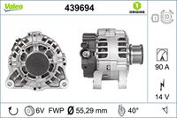 VALEO 439694 - año construcción desde: 09/2000<br>Clase de caja de cambios: Caja de cambios manual, 5 marchas<br>Tensión [V]: 14<br>Corriente de carga alternador [A]: 150<br>Tipo de sujeción: Fijación de cuatro puntos<br>Posición/Grado: L  40<br>Sentido de giro: Sentido de giro a la derecha (horario)<br>Poleas: con polea<br>Poleas: con polea de rueda libre<br>Número de nervaduras: 6<br>poleas - Ø [mm]: 58<br>Conexión / terminal/borne: sin conexión para cuentarrevoluciones<br>Pinza: B+<br>Peso [kg]: 7,52<br>