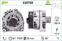 VALEO 439709 - Restricción de fabricante: VALEO<br>Tensión [V]: 14<br>Corriente de carga alternador [A]: 180<br>Tipo de sujeción: Fijación de tres puntos<br>Posición/Grado: L  95<br>Sentido de giro: Sentido de giro a la derecha (horario)<br>Poleas: con polea<br>Poleas: con polea para correa poli V<br>Número de nervaduras: 6<br>poleas - Ø [mm]: 55<br>Conexión / terminal/borne: sin conexión para cuentarrevoluciones<br>Pinza: B+<br>Peso [kg]: 7,58<br>