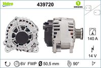 VALEO 439720 - año construcción hasta: 05/2008<br>Restricción de fabricante: BOSCH<br>Restricción de fabricante: VALEO<br>Tensión [V]: 14<br>Corriente de carga alternador [A]: 140<br>Tipo de sujeción: Fijación de cuatro puntos<br>Posición/Grado: R  90<br>Sentido de giro: Sentido de giro a la derecha (horario)<br>Poleas: con polea<br>Poleas: con polea de rueda libre<br>Número de nervaduras: 6<br>poleas - Ø [mm]: 51<br>Conexión / terminal/borne: sin conexión para cuentarrevoluciones<br>Pinza: B+<br>Peso [kg]: 7,52<br>