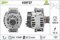 VALEO 439737 - Restricción de fabricante: VALEO<br>Equipamiento de vehículo: para vehículos sin sistema Start&Stop<br>Equipamiento de vehículo: para veh. sin recuperación energia de frenado<br>Número de PR: 7L3<br>Tensión [V]: 14<br>Corriente de carga alternador [A]: 180<br>Tipo de sujeción: sujeción directa<br>Sentido de giro: Sentido de giro a la derecha (horario)<br>Poleas: con polea<br>Poleas: con polea de rueda libre<br>Número de nervaduras: 6<br>poleas - Ø [mm]: 57<br>Conexión / terminal/borne: sin conexión para cuentarrevoluciones<br>Pinza: B+<br>Peso [kg]: 7,745<br>