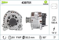 VALEO 439751 - Código de motor: CKRA<br>Restricción de fabricante: VALEO<br>Equipamiento de vehículo: para vehículos con sistema Start&Stop<br>Tensión [V]: 14<br>Corriente de carga alternador [A]: 180<br>Tipo de sujeción: Fijación de cuatro puntos<br>Posición/Grado: R  90<br>Sentido de giro: Sentido de giro a la derecha (horario)<br>Poleas: con polea<br>Poleas: con polea de rueda libre<br>Número de nervaduras: 6<br>poleas - Ø [mm]: 57<br>Conexión / terminal/borne: sin conexión para cuentarrevoluciones<br>Pinza: B+<br>Peso [kg]: 7,69<br>