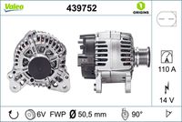 VALEO 439752 - Restricción de fabricante: VALEO<br>Equipamiento de vehículo: para vehículos sin sistema Start&Stop<br>Tensión [V]: 14<br>Corriente de carga alternador [A]: 110<br>Tipo de sujeción: Fijación de cuatro puntos<br>Posición/Grado: R  90<br>Sentido de giro: Sentido de giro a la derecha (horario)<br>Poleas: con polea<br>Poleas: con polea de rueda libre<br>Número de nervaduras: 6<br>poleas - Ø [mm]: 57<br>Conexión / terminal/borne: sin conexión para cuentarrevoluciones<br>Pinza: B+<br>Peso [kg]: 6,18<br>