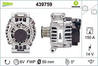 VALEO 439759 - Restricción de fabricante: MITSUBISHI VALEO<br>Tensión [V]: 14<br>Corriente de carga alternador [A]: 120<br>Tipo de sujeción: sujeción directa<br>Sentido de giro: Sentido de giro a la derecha (horario)<br>Poleas: con polea<br>Poleas: con polea de rueda libre<br>Número de nervaduras: 6<br>poleas - Ø [mm]: 51<br>Conexión / terminal/borne: sin conexión para cuentarrevoluciones<br>Pinza: B+<br>Peso [kg]: 6,41<br>