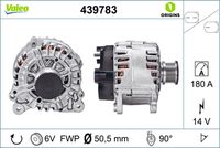 VALEO 439783 - Tensión [V]: 14<br>Corriente de carga alternador [A]: 140<br>Tipo de sujeción: Fijación de cuatro puntos<br>Posición/Grado: R  90<br>Sentido de giro: Sentido de giro a la derecha (horario)<br>Poleas: con polea<br>Poleas: con polea de rueda libre<br>Número de nervaduras: 6<br>poleas - Ø [mm]: 51<br>Conexión / terminal/borne: sin conexión para cuentarrevoluciones<br>Pinza: B+<br>Peso [kg]: 7,64<br>