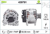 VALEO 439791 - año construcción desde: 12/2014<br>año construcción hasta: 04/2018<br>Clase de caja de cambios: Caja de cambios manual, 5 marchas<br>Clase de caja de cambios: Caja de doble embrague 7 vel.<br>Equipamiento de vehículo: para vehículos con climatizador automático<br>Equipamiento de vehículo: para vehículos con sistema Start&Stop<br>Tensión [V]: 14<br>Corriente de carga alternador [A]: 140<br>Tipo de sujeción: Fijación de cuatro puntos<br>Posición/Grado: R  90<br>Sentido de giro: Sentido de giro a la derecha (horario)<br>Poleas: con polea<br>Poleas: con polea de rueda libre<br>Número de nervaduras: 6<br>poleas - Ø [mm]: 51<br>Conexión / terminal/borne: sin conexión para cuentarrevoluciones<br>Pinza: B+<br>Peso [kg]: 7,64<br>