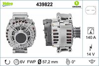 VALEO 439822 - Código de motor: BPY<br>Código de motor: BWA<br>Código de motor: CAWB<br>Código de motor: CBFA<br>Código de motor: CCTA<br>Código de motor: CCZA<br>Restricción de fabricante: BOSCH<br>Restricción de fabricante: BOSCH-VALEO<br>Restricción de fabricante: VALEO<br>Tensión [V]: 14<br>Corriente de carga alternador [A]: 150<br>Tipo de sujeción: Fijación de cuatro puntos<br>Posición/Grado: R  90<br>Sentido de giro: Sentido de giro a la derecha (horario)<br>Poleas: con polea<br>Poleas: con polea de rueda libre<br>Número de nervaduras: 6<br>poleas - Ø [mm]: 57<br>Conexión / terminal/borne: sin conexión para cuentarrevoluciones<br>Pinza: B+<br>Peso [kg]: 7,72<br>