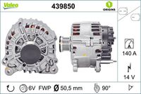 VALEO 439850 - año construcción desde: 06/2008<br>Restricción de fabricante: VALEO<br>Tensión [V]: 14<br>Corriente de carga alternador [A]: 140<br>Tipo de sujeción: Fijación de cuatro puntos<br>Posición/Grado: R  90<br>Sentido de giro: Sentido de giro a la derecha (horario)<br>Poleas: con polea<br>Poleas: con polea de rueda libre<br>Número de nervaduras: 6<br>poleas - Ø [mm]: 51<br>Conexión / terminal/borne: sin conexión para cuentarrevoluciones<br>Pinza: B+<br>Peso [kg]: 7,56<br>