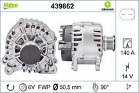 VALEO 439862 - año construcción desde: 03/2013<br>Restricción de fabricante: VALEO<br>Equipamiento de vehículo: para vehículos con sistema Start&Stop<br>Tensión [V]: 14<br>Corriente de carga alternador [A]: 140<br>Tipo de sujeción: Fijación de cuatro puntos<br>Posición/Grado: R  90<br>Sentido de giro: Sentido de giro a la derecha (horario)<br>Poleas: con polea<br>Poleas: con polea de rueda libre<br>Número de nervaduras: 6<br>poleas - Ø [mm]: 51<br>Conexión / terminal/borne: sin conexión para cuentarrevoluciones<br>Pinza: B+<br>Peso [kg]: 7,612<br>