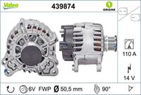 VALEO 439874 - Código de motor: CKFB<br>Código de motor: CRVC<br>Tensión [V]: 14<br>Corriente de carga alternador [A]: 140<br>Tipo de sujeción: Fijación de cuatro puntos<br>Posición/Grado: R  90<br>Sentido de giro: Sentido de giro a la derecha (horario)<br>Poleas: con polea<br>Poleas: con polea de rueda libre<br>Número de nervaduras: 6<br>poleas - Ø [mm]: 51<br>Conexión / terminal/borne: sin conexión para cuentarrevoluciones<br>Pinza: B+<br>Peso [kg]: 7,67<br>