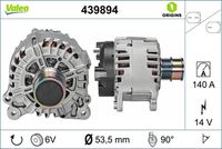 VALEO 439894 - Código de motor: DADA,DPCA<br>Clase de caja de cambios: Caja de doble embrague 7 vel.<br>Tensión [V]: 14<br>Corriente de carga alternador [A]: 110<br>Tipo de sujeción: Fijación de cuatro puntos<br>Posición/Grado: R  90<br>Sentido de giro: Sentido de giro a la derecha (horario)<br>Poleas: con polea<br>Poleas: con polea de rueda libre<br>Número de nervaduras: 6<br>poleas - Ø [mm]: 54<br>Conexión / terminal/borne: sin conexión para cuentarrevoluciones<br>Pinza: B+<br>Peso [kg]: 6,7<br>