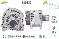 VALEO 439930 - Restricción de fabricante: VALEO<br>Tensión [V]: 14<br>Corriente de carga alternador [A]: 140<br>Tipo de sujeción: Fijación de cuatro puntos<br>Posición/Grado: R  90<br>Sentido de giro: Sentido de giro a la derecha (horario)<br>Poleas: con polea<br>Poleas: con polea de rueda libre<br>Número de nervaduras: 6<br>poleas - Ø [mm]: 54<br>Conexión / terminal/borne: sin conexión para cuentarrevoluciones<br>Pinza: B+<br>Peso [kg]: 7,85<br>