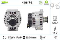 VALEO 440174 - Restricción de fabricante: BOSCH<br>Tensión [V]: 14<br>Corriente de carga alternador [A]: 150<br>Tipo de sujeción: sujeción directa<br>Sentido de giro: Sentido de giro a la derecha (horario)<br>Poleas: con polea<br>Poleas: con polea de rueda libre<br>Número de nervaduras: 6<br>poleas - Ø [mm]: 51<br>Conexión / terminal/borne: sin conexión para cuentarrevoluciones<br>Pinza: M8<br>Peso [kg]: 6,925<br>