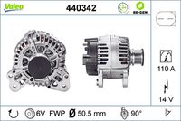 VALEO 440342 - año construcción desde: 03/2013<br>Restricción de fabricante: VALEO<br>Equipamiento de vehículo: para vehículos sin sistema Start&Stop<br>Tensión [V]: 14<br>Corriente de carga alternador [A]: 140<br>Tipo de sujeción: Fijación de cuatro puntos<br>Posición/Grado: R  90<br>Sentido de giro: Sentido de giro a la derecha (horario)<br>Poleas: con polea<br>Poleas: con polea de rueda libre<br>Número de nervaduras: 6<br>poleas - Ø [mm]: 51<br>Conexión / terminal/borne: sin conexión para cuentarrevoluciones<br>Pinza: B+<br>Peso [kg]: 7,58<br>