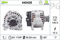 VALEO 440428 - año construcción desde: 08/2018<br>Tensión [V]: 14<br>Corriente de carga alternador [A]: 140<br>Tipo de sujeción: Fijación de cuatro puntos<br>Posición/Grado: R  90<br>Sentido de giro: Sentido de giro a la derecha (horario)<br>Poleas: con polea<br>Poleas: con polea de rueda libre<br>Número de nervaduras: 6<br>poleas - Ø [mm]: 54<br>Conexión / terminal/borne: sin conexión para cuentarrevoluciones<br>Pinza: B+<br>Peso [kg]: 7,68<br>