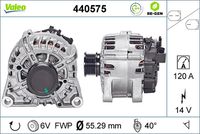 VALEO 440575 - Clase de caja de cambios: Caja de cambios manual, 5 marchas<br>Tensión [V]: 14<br>Corriente de carga alternador [A]: 150<br>Tipo de sujeción: Fijación de cuatro puntos<br>Posición/Grado: L  80<br>Sentido de giro: Sentido de giro a la derecha (horario)<br>Poleas: con polea<br>Poleas: con polea de rueda libre<br>Número de nervaduras: 6<br>poleas - Ø [mm]: 54<br>Conexión / terminal/borne: sin conexión para cuentarrevoluciones<br>Pinza: B+<br>Peso [kg]: 7,48<br>