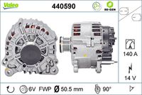 VALEO 440590 - año construcción desde: 06/2008<br>Restricción de fabricante: VALEO<br>Tensión [V]: 14<br>Corriente de carga alternador [A]: 140<br>Tipo de sujeción: Fijación de cuatro puntos<br>Posición/Grado: R  90<br>Sentido de giro: Sentido de giro a la derecha (horario)<br>Poleas: con polea<br>Poleas: con polea de rueda libre<br>Número de nervaduras: 6<br>poleas - Ø [mm]: 51<br>Conexión / terminal/borne: con conexión para cuentarrevoluciones<br>Pinza: B+<br>Peso [kg]: 7,58<br>