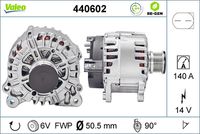 VALEO 440602 - año construcción desde: 03/2013<br>Restricción de fabricante: VALEO<br>Equipamiento de vehículo: para vehículos con sistema Start&Stop<br>Tensión [V]: 14<br>Corriente de carga alternador [A]: 140<br>Tipo de sujeción: Fijación de cuatro puntos<br>Posición/Grado: R  90<br>Sentido de giro: Sentido de giro a la derecha (horario)<br>Poleas: con polea<br>Poleas: con polea de rueda libre<br>Número de nervaduras: 6<br>poleas - Ø [mm]: 51<br>Conexión / terminal/borne: sin conexión para cuentarrevoluciones<br>Pinza: B+<br>Peso [kg]: 7,564<br>