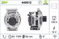 VALEO 440612 - Corriente de carga alternador [A]: 150<br>Tensión [V]: 12<br>Número de canales: 6<br>Cantidad de agujeros de fijación: 3<br>Poleas: con polea de rueda libre<br>Pinza: B+ M8<br>poleas - Ø [mm]: 59<br>para OE N°: 9676143580<br>Calidad: OE EQUIVALENT<br>Referencia artículo par: 405027<br>