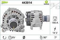 VALEO 443014 - Tensión [V]: 14<br>Corriente de carga alternador [A]: 180<br>Tipo de sujeción: Fijación de cuatro puntos<br>Sentido de giro: Sentido de giro a la derecha (horario)<br>Poleas: con polea<br>Poleas: con polea para correa poli V<br>Número de nervaduras: 6<br>poleas - Ø [mm]: 50<br>Pinza: B+<br>Peso [kg]: 8,035<br>