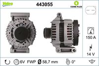 VALEO 443055 - Clase de caja de cambios: Caja de cambios manual, 5 marchas<br>Tensión [V]: 14<br>Corriente de carga alternador [A]: 150<br>Tipo de sujeción: sujeción directa<br>Posición/Grado: L/R  0<br>Sentido de giro: Sentido de giro a la derecha (horario)<br>Poleas: con polea<br>Poleas: con polea de rueda libre<br>Número de nervaduras: 6<br>poleas - Ø [mm]: 59<br>Conexión / terminal/borne: sin conexión para cuentarrevoluciones<br>Pinza: B+<br>Peso [kg]: 7,45<br>