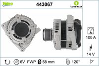 VALEO 443067 - Restricción de fabricante: OPTIFIT<br>Tensión [V]: 14<br>Corriente de carga alternador [A]: 100<br>Tipo de sujeción: Fijación de tres puntos<br>Sentido de giro: Sentido de giro a la derecha (horario)<br>Poleas: con polea<br>Poleas: con polea de rueda libre<br>Número de nervaduras: 6<br>poleas - Ø [mm]: 63<br>Pinza: B+<br>Peso [kg]: 6,16<br>