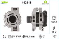 VALEO 443111 - Tensión [V]: 14<br>Corriente de carga alternador [A]: 100<br>Tipo de sujeción: sujeción directa<br>Sentido de giro: Sentido de giro a la derecha (horario)<br>Poleas: con polea<br>Poleas: con polea de rueda libre<br>Número de nervaduras: 7<br>poleas - Ø [mm]: 58<br>Pinza: B+ / L / IG / S / Df<br>Peso [kg]: 6,25<br>