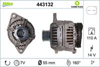 VALEO 443132 - Tensión [V]: 14<br>Corriente de carga alternador [A]: 140<br>Tipo de sujeción: Fijación de tres puntos<br>Posición/Grado: L  25<br>Sentido de giro: Sentido de giro a la derecha (horario)<br>Poleas: con polea<br>Poleas: con polea para correa poli V<br>Número de nervaduras: 7<br>poleas - Ø [mm]: 55<br>Conexión / terminal/borne: sin conexión para cuentarrevoluciones<br>Pinza: B+<br>Peso [kg]: 7,12<br>