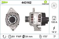 VALEO 443162 - año construcción hasta: 12/2009<br>Clase de caja de cambios: Caja de cambios manual, 6 marchas<br>Zonas climáticas: no para zonas con clima frío<br>Tensión [V]: 14<br>Corriente de carga alternador [A]: 140<br>Tipo de sujeción: Brazo oscilante doble<br>Sentido de giro: Sentido de giro a la derecha (horario)<br>Poleas: con polea<br>Poleas: con polea de rueda libre<br>Número de nervaduras: 6<br>poleas - Ø [mm]: 61<br>Pinza: B+ / D+<br>Peso [kg]: 7,03<br>