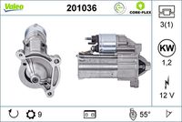 VALEO 201036 - Potencia nominal [kW]: 1,3<br>Tensión [V]: 12<br>Cantidad de agujeros de fijación: 3<br>Diámetro de brida [mm]: 60<br>Sentido de giro: Sentido de giro a la derecha (horario)<br>Número de dientes: 9<br>Calidad: OE EQUIVALENT<br>