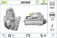 VALEO 201042 - Código de motor: F9Q804<br>Código de motor: F9Q816<br>Código de motor: F9Q818<br>Restricción de fabricante: VALEO<br>Tensión [V]: 12<br>Potencia nominal [kW]: 2,1<br>Número de dientes: 11<br>Número de orificios: 4<br>Cant. taladros roscados: 3<br>Sentido de giro: Sentido de giro a la derecha (horario)<br>Posición/Grado: R  56<br>Peso [kg]: 4,08<br>