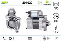 VALEO 201022 - Potencia nominal [kW]: 0,8<br>Tensión [V]: 12<br>Cantidad de agujeros de fijación: 3<br>Diámetro de brida [mm]: 55<br>Sentido de giro: Sentido de giro a la derecha (horario)<br>Pinza: B+ M8<br>Número de dientes: 9<br>Calidad: OE EQUIVALENT<br>