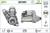 VALEO 201051 - Clase de caja de cambios: Caja de cambios manual, 6 marchas<br>Tensión [V]: 12<br>Potencia nominal [kW]: 2<br>Nº de dientes 1: 10<br>Número de dientes: 11<br>Número de orificios: 2<br>Sentido de giro: Sentido de giro a la izquierda (antihorario)<br>Posición/Grado: L  42<br>Diámetro de brida [mm]: 76<br>Peso [kg]: 3,64<br>