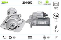 VALEO 201052 - Restricción de fabricante: MITSUBISHI<br>Tensión [V]: 12<br>Potencia nominal [kW]: 1,4<br>Nº de dientes 1: 10<br>Nº de dientes 2: 12<br>Número de dientes 3: 12<br>Número de orificios: 3<br>Cant. taladros roscados: 3<br>Sentido de giro: Sentido de giro a la derecha (horario)<br>Posición/Grado: R  45<br>Diámetro de brida [mm]: 71<br>Peso [kg]: 3,46<br>