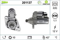 VALEO 201137 - Potencia nominal [kW]: 1,2<br>Tensión [V]: 12<br>Cantidad de agujeros de fijación: 2<br>Diámetro de brida [mm]: 79<br>Sentido de giro: Sentido de giro a la izquierda (antihorario)<br>Pinza: B+ M8<br>Número de dientes: 11<br>para OE N°: 0AM911023TX<br>Calidad: OE EQUIVALENT<br>