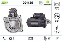 VALEO 201125 - año construcción desde: 07/1994<br>Número de dientes: 9<br>Potencia nominal [kW]: 2,2<br>Tensión [V]: 0<br>Longitud [mm]: 274<br>Diámetro de orificio [mm]: 12<br>Posición/Grado: rechts<br>Pinza: 50<br>Pinza: 30<br>Sentido de giro: Sentido de giro a la derecha (horario)<br>Diámetro de brida [mm]: 110<br>Tensión nominal [V]: 12<br>Cant. taladros roscados: 0<br>Diámetro de orificio 2 [mm]: 12<br>Taladro Ø 3 [mm]: 12<br>Modelo motor arranque: autopoyado<br>Cantidad de agujeros de fijación: 3<br>Ángulo de sujeción [grados]: 35<br>Posición básica piñón [mm]: 27<br>Medida ángulo brazo triangular [grados]: 135<br>Medida ángulo brazo trinagular [grados]: 35<br>Calidad: NUEVO<br>