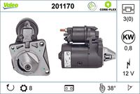 VALEO 201170 - Restricción de fabricante: BOSCH<br>no para modelo país: Europa septentrional<br>para el tipo de serie del modelo: 188AX/188BX<br>Tensión [V]: 12<br>Potencia nominal [kW]: 0,8<br>Nº de dientes 1: 9<br>Número de dientes: 10<br>Número de orificios: 3<br>Cant. taladros roscados: 1<br>Sentido de giro: Sentido de giro a la derecha (horario)<br>Posición/Grado: R  40<br>Diámetro de brida [mm]: 62<br>Peso [kg]: 3,88<br>