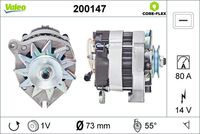 VALEO 200147 - Corriente de carga alternador [A]: 70<br>Tensión [V]: 12<br>Número de canales: 1<br>Cantidad de agujeros de fijación: 3<br>Pinza: B+ M6<br>poleas - Ø [mm]: 73<br>Calidad: OE EQUIVALENT<br>