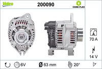 VALEO 200090 - año construcción hasta: 06/1991<br>Clase de caja de cambios: Caja de cambios manual, 5 marchas<br>Tensión [V]: 14<br>Corriente de carga alternador [A]: 50<br>Tipo de sujeción: Fijación de tres puntos<br>Posición/Grado: R  20<br>Sentido de giro: Sentido de giro a la derecha (horario)<br>Poleas: con polea<br>Poleas: con polea para correa poli V<br>Número de nervaduras: 4<br>poleas - Ø [mm]: 56<br>Pinza: B+ / L<br>Peso [kg]: 4,95<br>