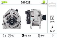 VALEO 200026 - año construcción desde: 09/2000<br>año construcción hasta: 06/2003<br>Código de motor: AUD<br>Clase de caja de cambios: Caja de cambios manual, 5 marchas<br>Tensión [V]: 14<br>Corriente de carga alternador [A]: 90<br>Tipo de sujeción: Fijación de cuatro puntos<br>Posición/Grado: R  90<br>Sentido de giro: Sentido de giro a la derecha (horario)<br>Poleas: con polea<br>Poleas: con polea para correa poli V<br>Número de nervaduras: 6<br>poleas - Ø [mm]: 51<br>Pinza: B+<br>Peso [kg]: 5,43<br>