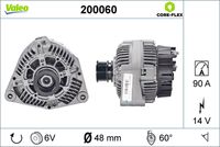 VALEO 200060 - Corriente de carga alternador [A]: 90<br>Tensión [V]: 12<br>Número de canales: 6<br>Cantidad de agujeros de fijación: 2<br>Pinza: B+ M8<br>poleas - Ø [mm]: 48<br>Calidad: OE EQUIVALENT<br>