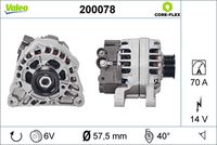 VALEO 200078 - año construcción desde: 03/1998<br>año construcción hasta: 07/2005<br>Clase de caja de cambios: Caja de cambios manual, 5 marchas<br>Tensión [V]: 14<br>Corriente de carga alternador [A]: 80<br>Tipo de sujeción: Fijación de cuatro puntos<br>Posición/Grado: L  40<br>Sentido de giro: Sentido de giro a la derecha (horario)<br>Poleas: con polea<br>Poleas: con polea para correa poli V<br>Número de nervaduras: 6<br>poleas - Ø [mm]: 58<br>Pinza: B+ / L<br>Peso [kg]: 5,28<br>